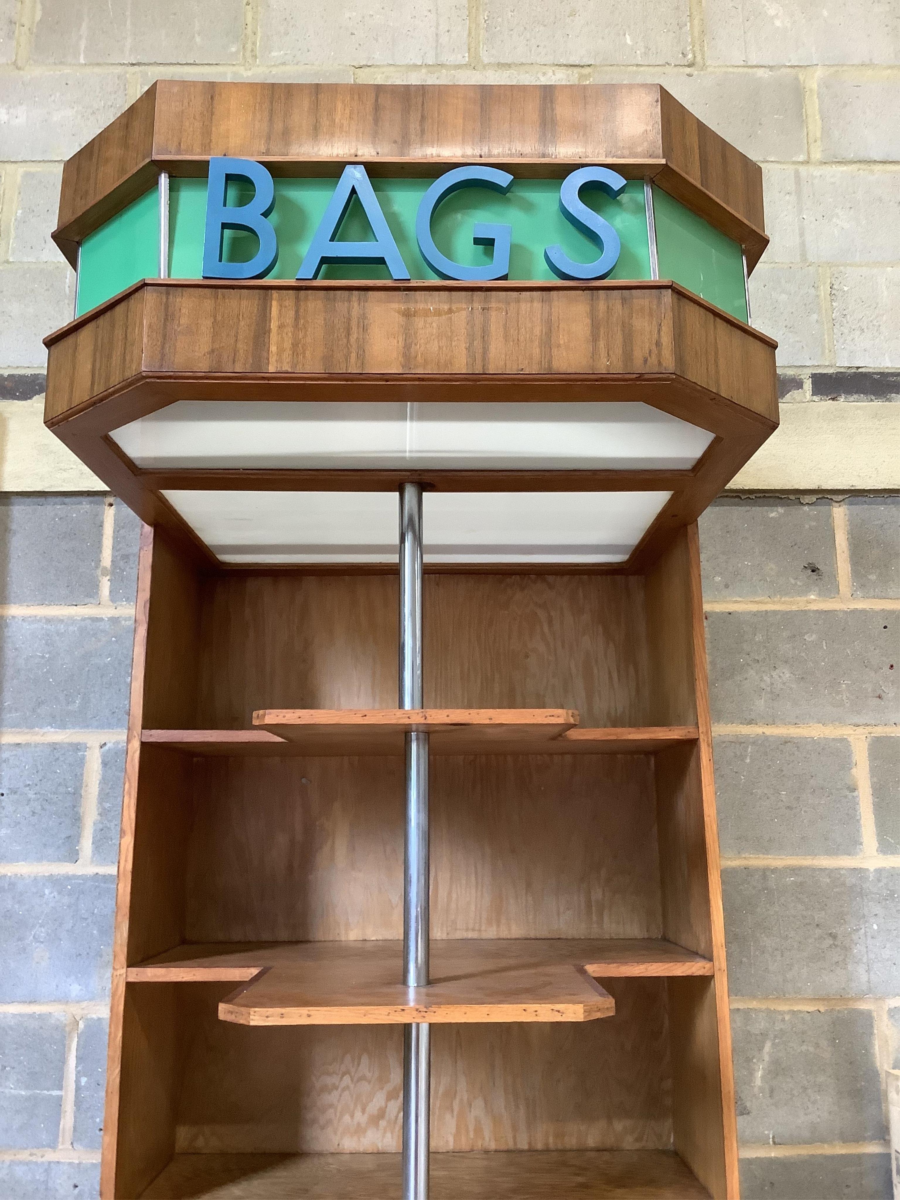 An Art Deco style shop display unit 'Bags', width 86cm, depth 90cm, height 242cm. Condition - fair